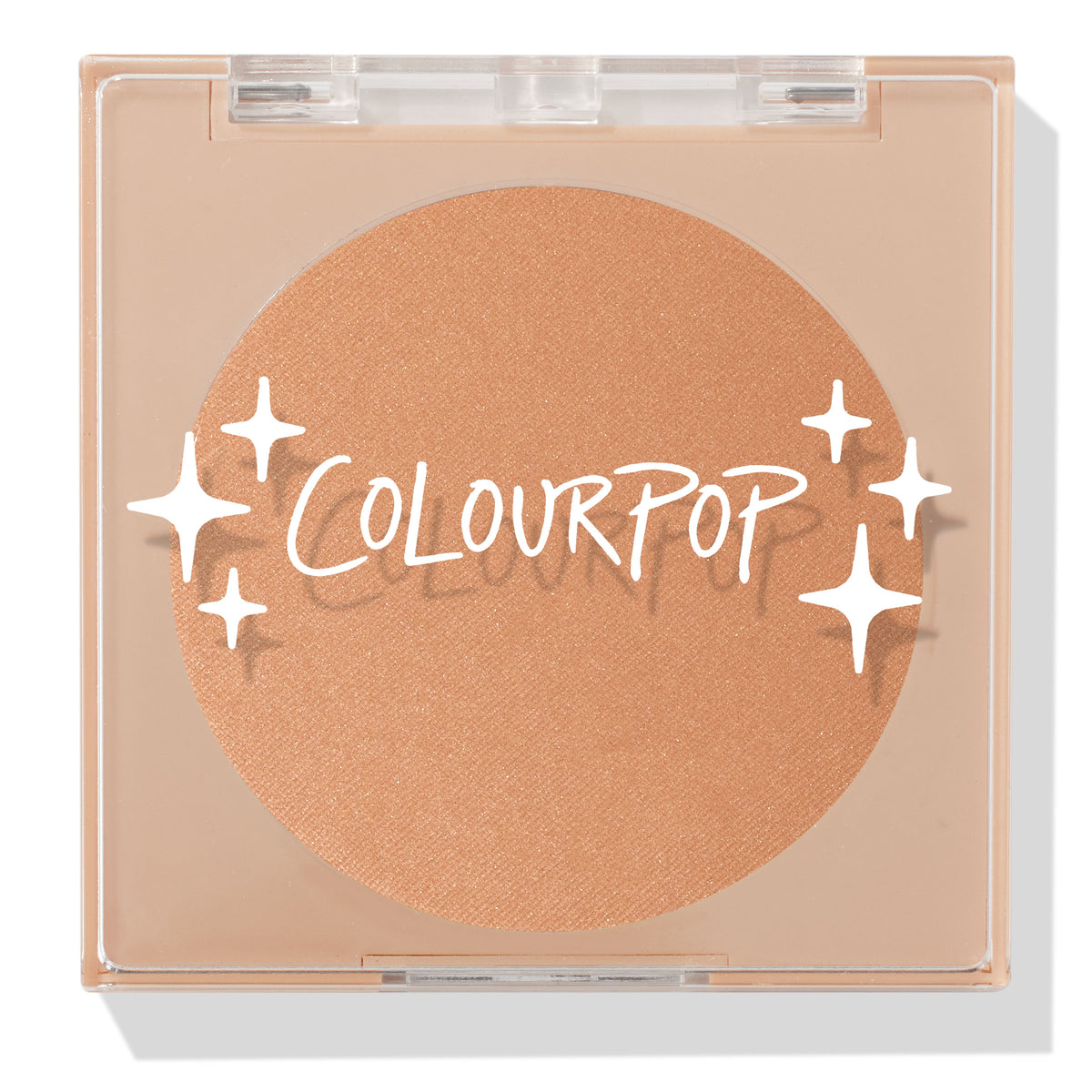 ColourPop Pressed Powder Bronzer in Summerland Beach shown closed, warm golden-tan pan inside a clear square compact with white sparkle graphics and ColourPop logo, set against a clean white background.