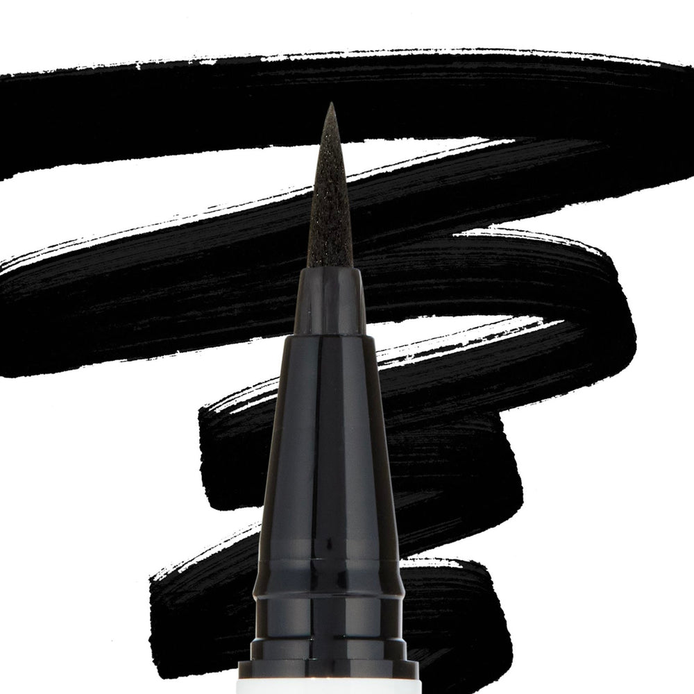 ColourPop BFF Liquid Liner Numero Uno drawing bold, jet‑black swatches, felt‑tip pen delivering precise, smudge‑resistant lines against a white backdrop, ideal for sharp wings and everyday definition.