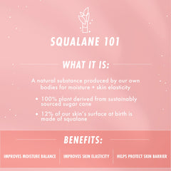 Squalane 101 graphic explains The Daily Face Cream face moisturizer by ColourPop, highlighting plant-derived squalane from sugarcane that boosts moisture balance, improves skin elasticity, and helps protect the skin barrier on a soft pink backdrop.