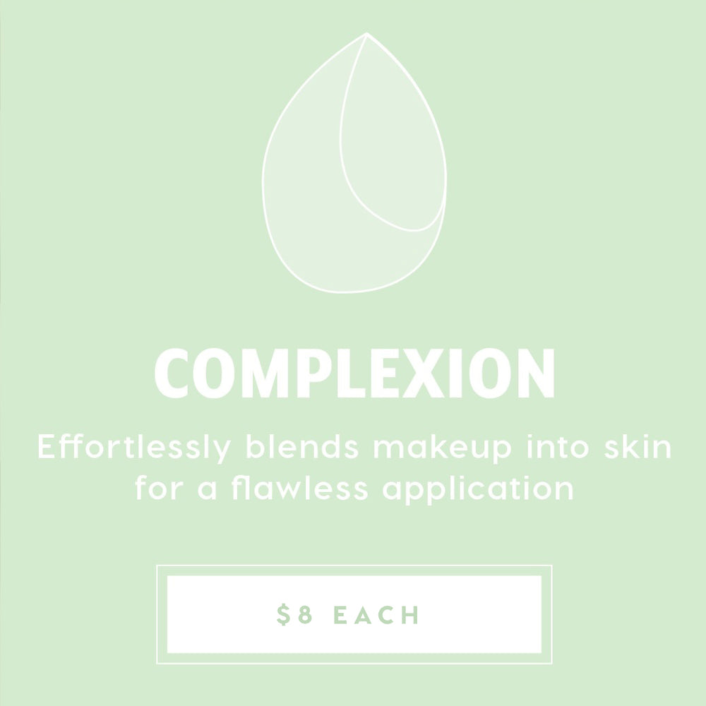 Complexion Blending Sponge blending foundation and concealer to a flawless finish, showcased on a mint-green promo card with a teardrop sponge line icon and $8 each price, part of ColourPop Makeup Tools & Accessories.