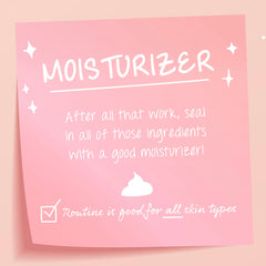 The Daily Face Cream, a ColourPop Face Moisturizer, shown as a pink sticky-note graphic labeled MOISTURIZER with white script, sparkles, a dollop icon, and a checkmark, stating: After all that work, seal in ingredients; Routine is good for all skin types.