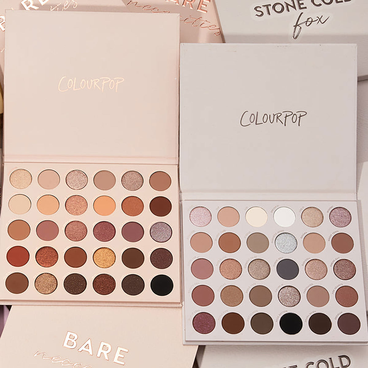 Bold + Bare ColourPop Shadow Palette Set displaying two open 30-pan palettes - warm neutrals and coppers on the left, cool taupes, mauves, and charcoals on the right - with matte and shimmer finishes, on a beige background with branded sleeves.