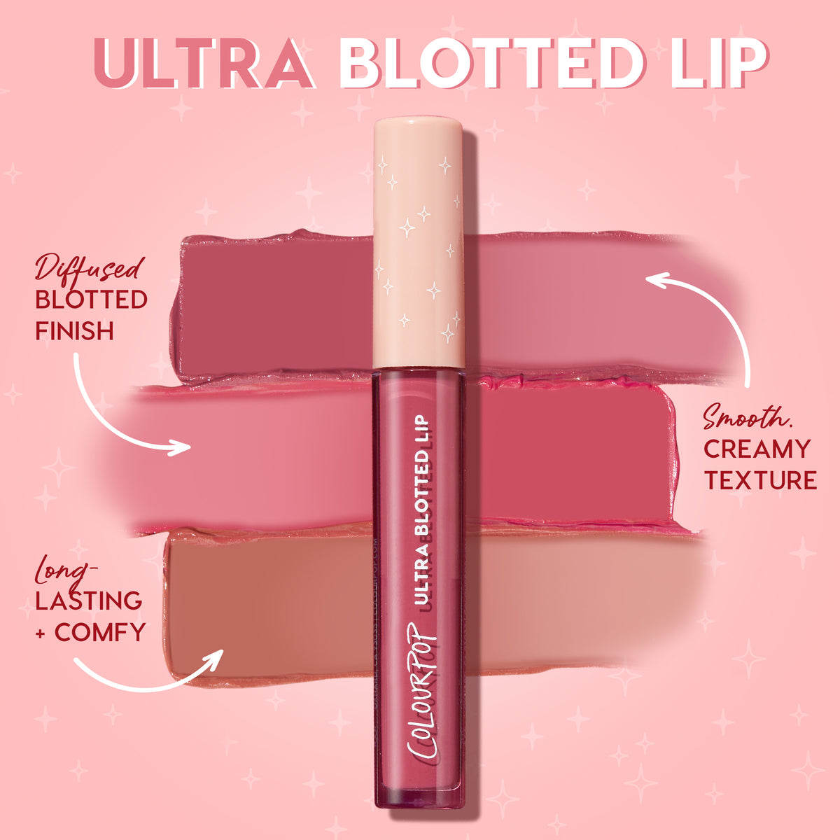ColourPop Ultra Blotted Lip in So Vintage stands upright, showcasing a berry-rose shade in a slim tube with a beige cap; diffused, creamy swatches behind highlight its blotted finish and long-lasting comfort on a pink starry backdrop.