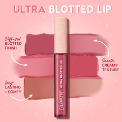 ColourPop Ultra Blotted Lip in So Vintage stands upright, showcasing a berry-rose shade in a slim tube with a beige cap; diffused, creamy swatches behind highlight its blotted finish and long-lasting comfort on a pink starry backdrop.