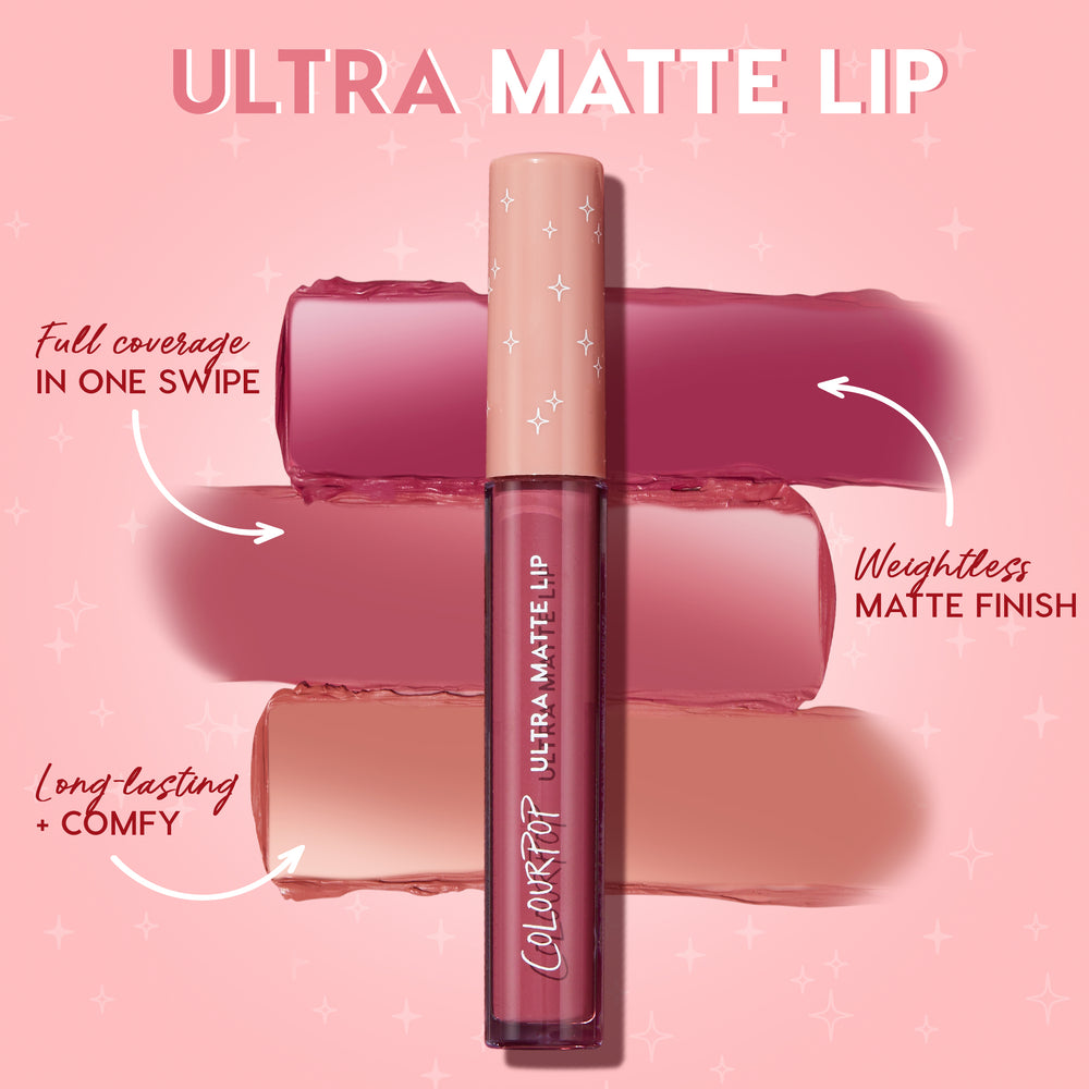 ColourPop Ultra Matte Lip in Off The Record stands upright with three lipstick swatches behind, demonstrating full coverage in one swipe and a weightless, long‑lasting matte finish on a pink backdrop, highlighting packaging and texture.