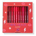 ColourPop Lippie Vault Set Heat Warning displays a 10-piece lippie pencil lineup in a windowed red box, shades from nude rose to fiery reds and deep berry, with lips, stars, and lightning graphics from the Bring the Heat collection.