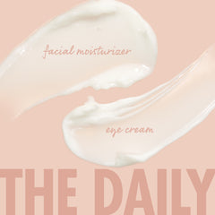 The Daily Face Cream, a ColourPop Face Moisturizer, swatched as glossy ivory streaks to showcase a silky, lightweight texture on a peach backdrop, with subtle “facial moisturizer” and “eye cream” labels.
