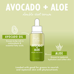 Fourth Ray Beauty Avocado + Aloe Double Shot face serum dropper bottle centered, showing AVOCADO + ALOE label and 1 fl oz, with callouts for avocado oil antioxidants and aloe hydration on a light green graphic; ColourPop Face Serum.