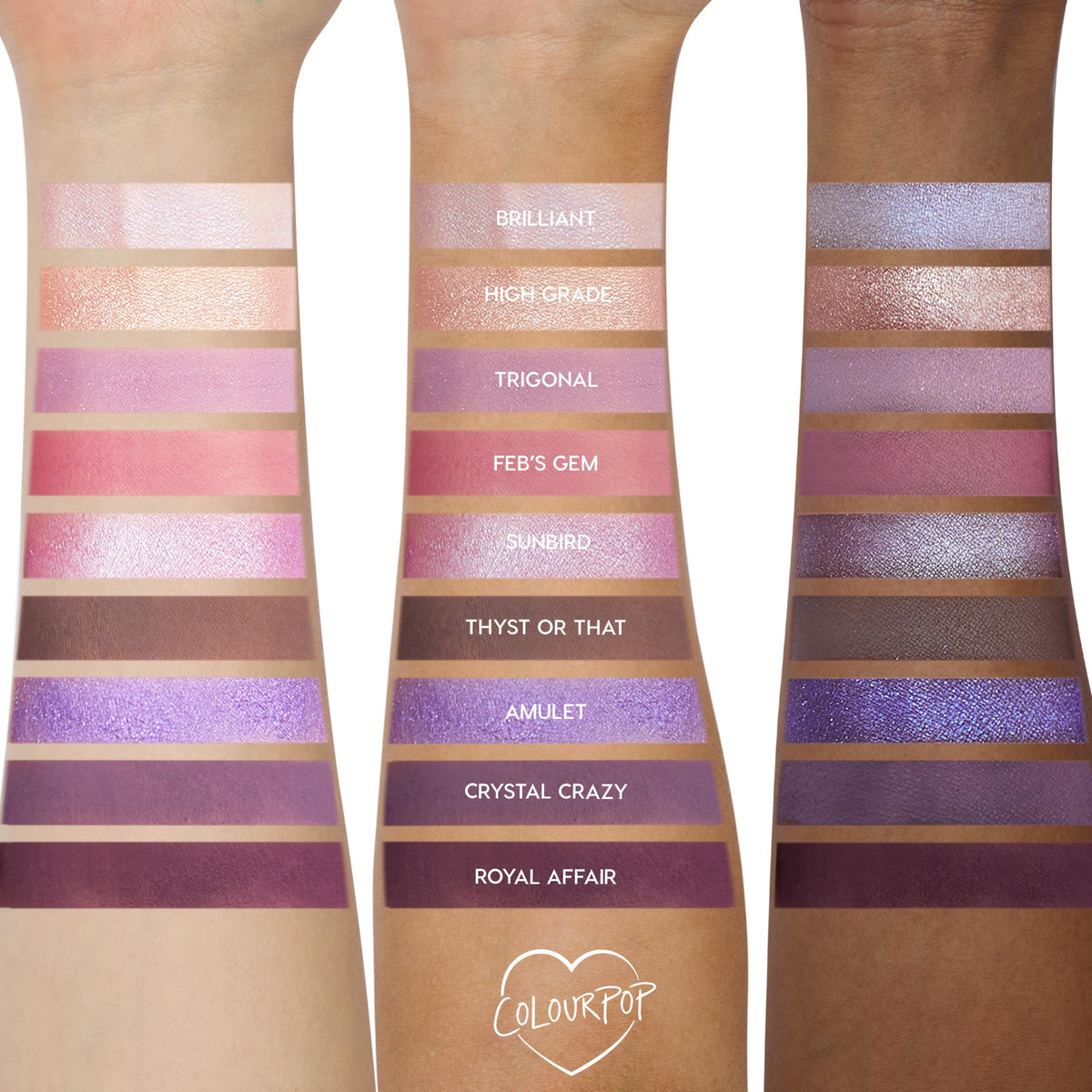 Arm swatches show the All Amethyst ColourPop Shadow Palette on three skin tones, displaying nine lilac, pink, and deep plum shades in matte and shimmer - e.g., Brilliant, Feb’s Gem, Royal Affair - with labeled stripes for color payoff comparison.
