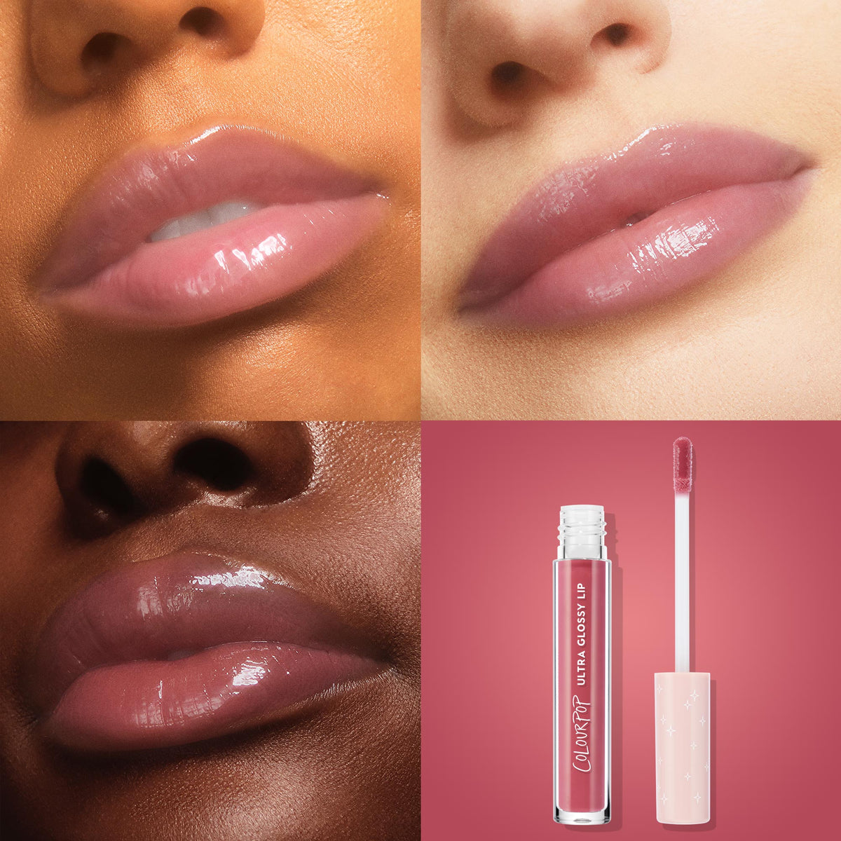 ColourPop Ultra Glossy Lip in All Me shows a sheer rosy-mauve, high-shine finish on three lip close-ups, displayed next to the clear tube labeled Ultra Glossy Lip and a doe-foot applicator with a peach cap stamped with stars on a pink backdrop.