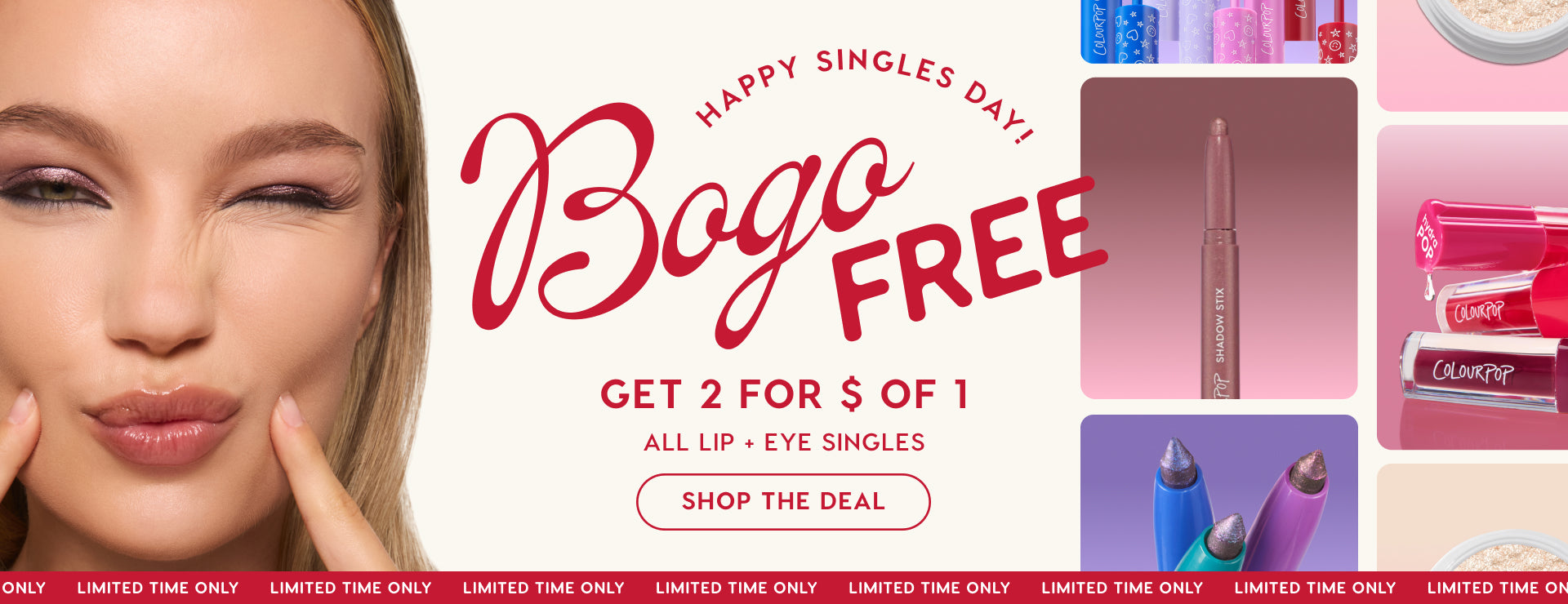 Model winks and presses fingertips to glossy lips as a Colourpop banner promotes BOGO free, two-for-one lip and eye singles, with product shots of lip gloss tubes, shimmery eyeshadow sticks, and glitter pots, limited-time US sale.