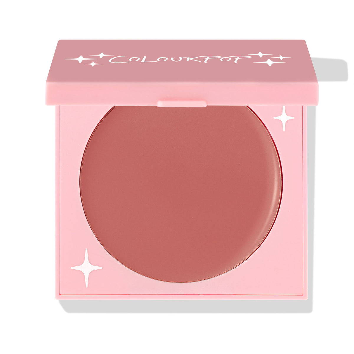 Bali Baby ColourPop Cream Blush compact shown half-open, revealing a matte mauve-rose pan inside a light pink square case with white star accents and the ColourPop logo on the lid, set against a clean white background.