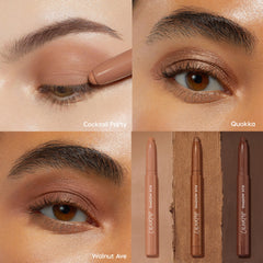ColourPop Shadow Stix Essential Neutrals set showcases wearable eye looks - Cocktail Party, Quokka, and Walnut Ave applied on three close-up lids - alongside three cream shadow sticks in nude, bronze shimmer, and deep brown for everyday use.