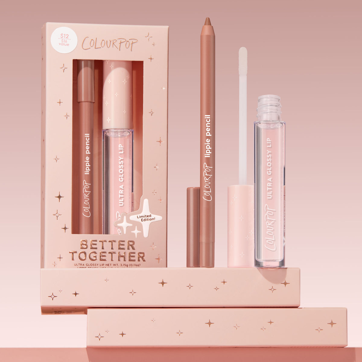 ColourPop Ultra Lip Duo Better Together set showcasing a nude lippie pencil and Ultra Glossy Lip with doe-foot applicator, posed beside its star-studded gift box on stacked blush-pink boxes against a soft pink backdrop; limited-edition makeup kit.