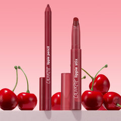 Bichette ColourPop Lippie Pencil and matching Lippie Stix stand upright with caps off, revealing rich cherry-red tips, surrounded by glossy cherries on a pink gradient backdrop, highlighting a creamy, precise liner duo for bold red lips.