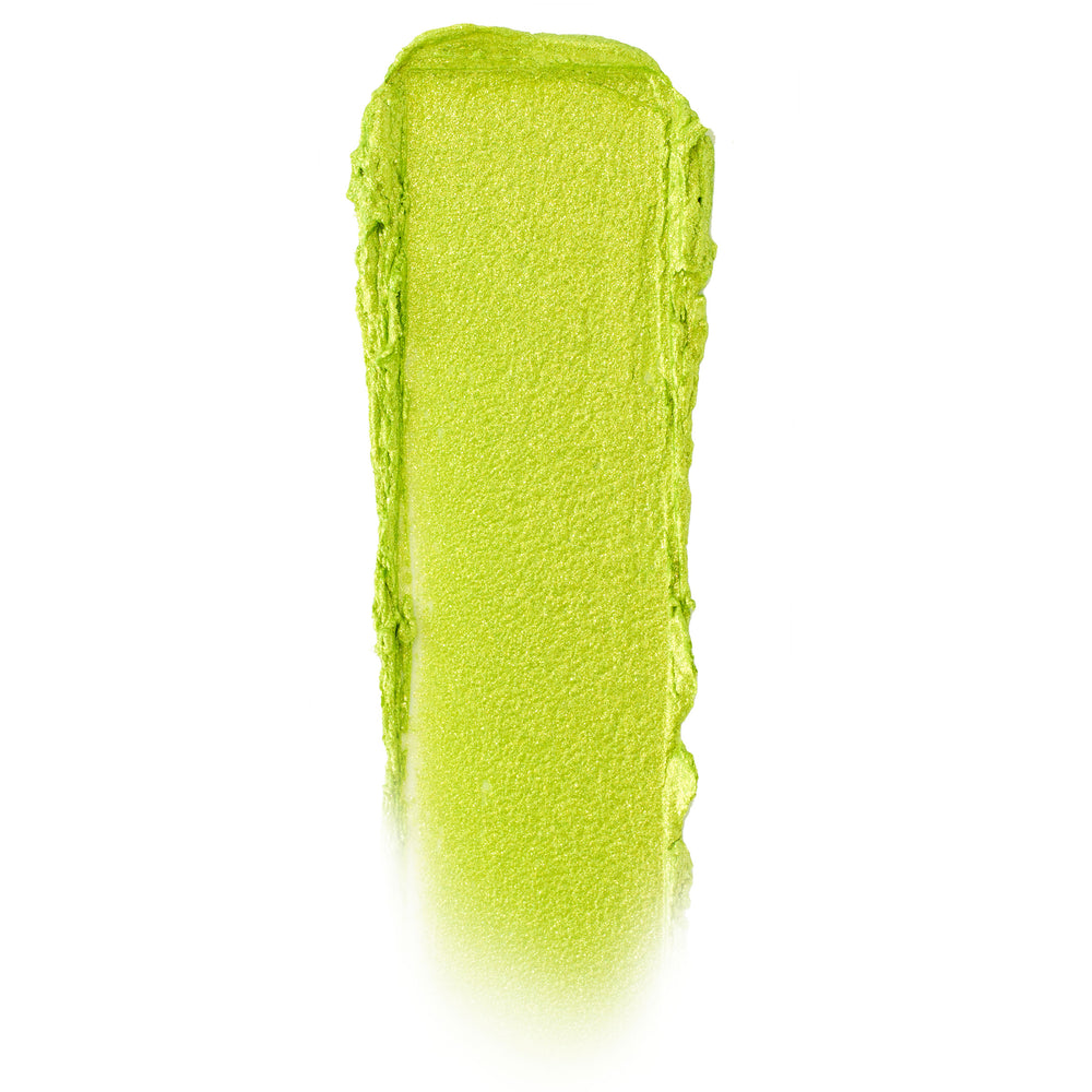 Billionaire ColourPop Jelly Much Shadow swatch, a vivid chartreuse lime eyeshadow with metallic shimmer, swept in a single thick vertical swipe with soft edges on a clean white background to show the jelly formula’s opaque payoff.