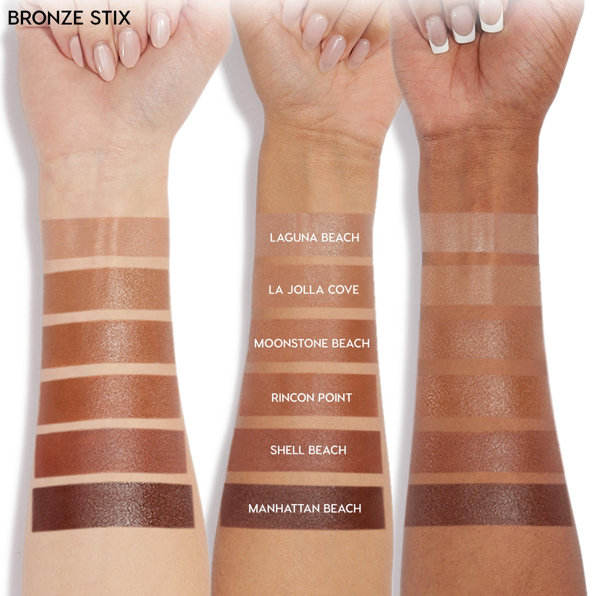 Manhattan Beach ColourPop Bronzer Stix swatched as the deepest cocoa-brown stripe at the bottom of three light, medium, and deep arms, shown with labeled comparisons - Laguna Beach, La Jolla Cove, Moonstone Beach, Rincon Point, and Shell Beach.
