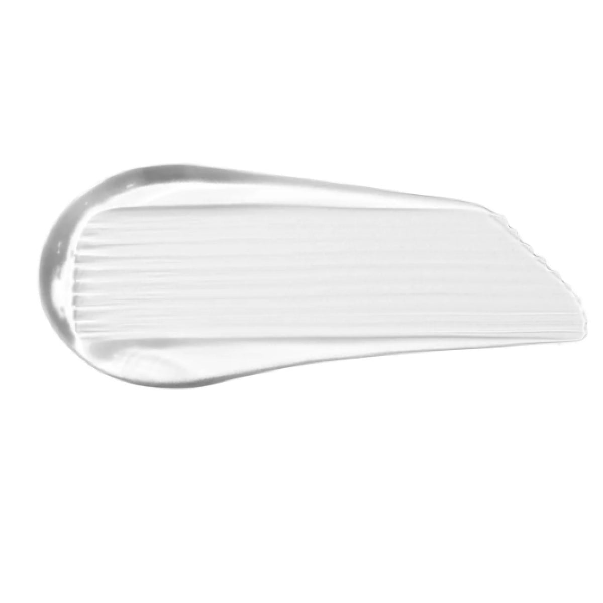 Clear Brow Boss Gel swatch showing a smooth, glossy transparent streak on a white background, highlighting the lightweight hold and finish of this clear brow makeup product.