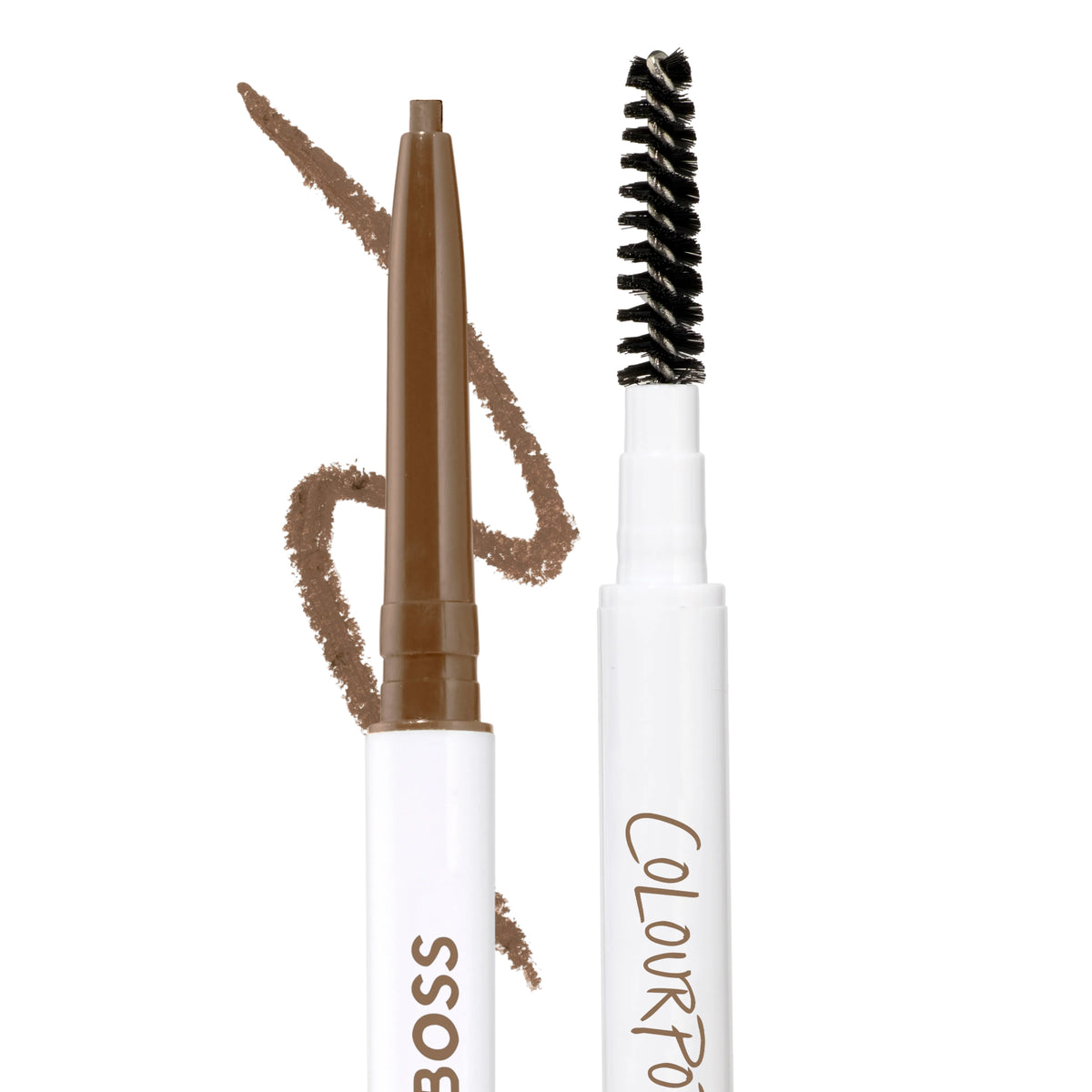 ColourPop Brow Boss Pencil in Light Brown shown uncapped with retractable tip and spoolie brush, brown brow makeup stroke curving behind on a white background for precise eyebrow shaping and filling.