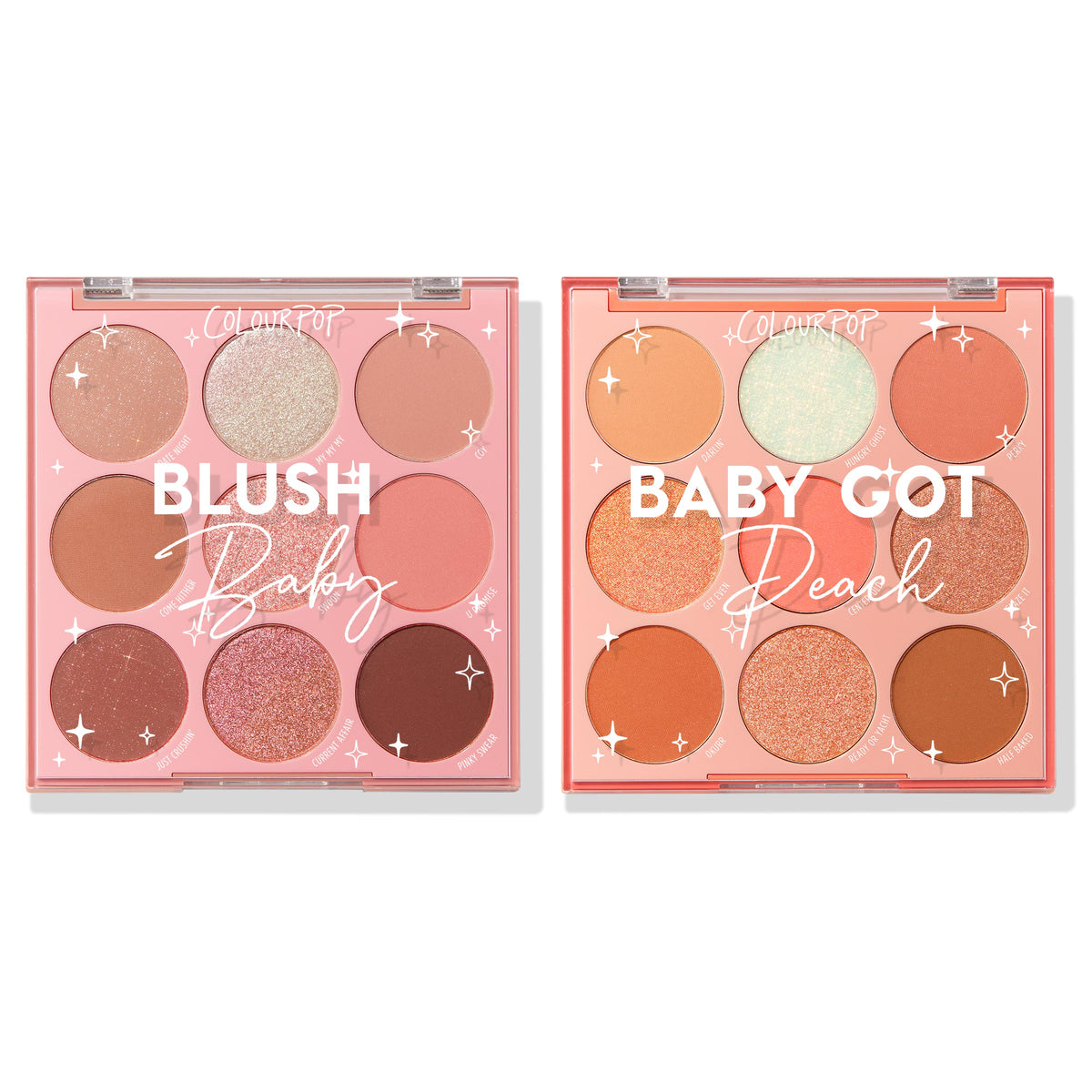 Baby Got Blush ColourPop Shadow Palette Set showcasing two open nine-pan palettes - Blush Baby and Baby Got Peach - displaying warm blush and peach shades in matte and glitter finishes on a white background.
