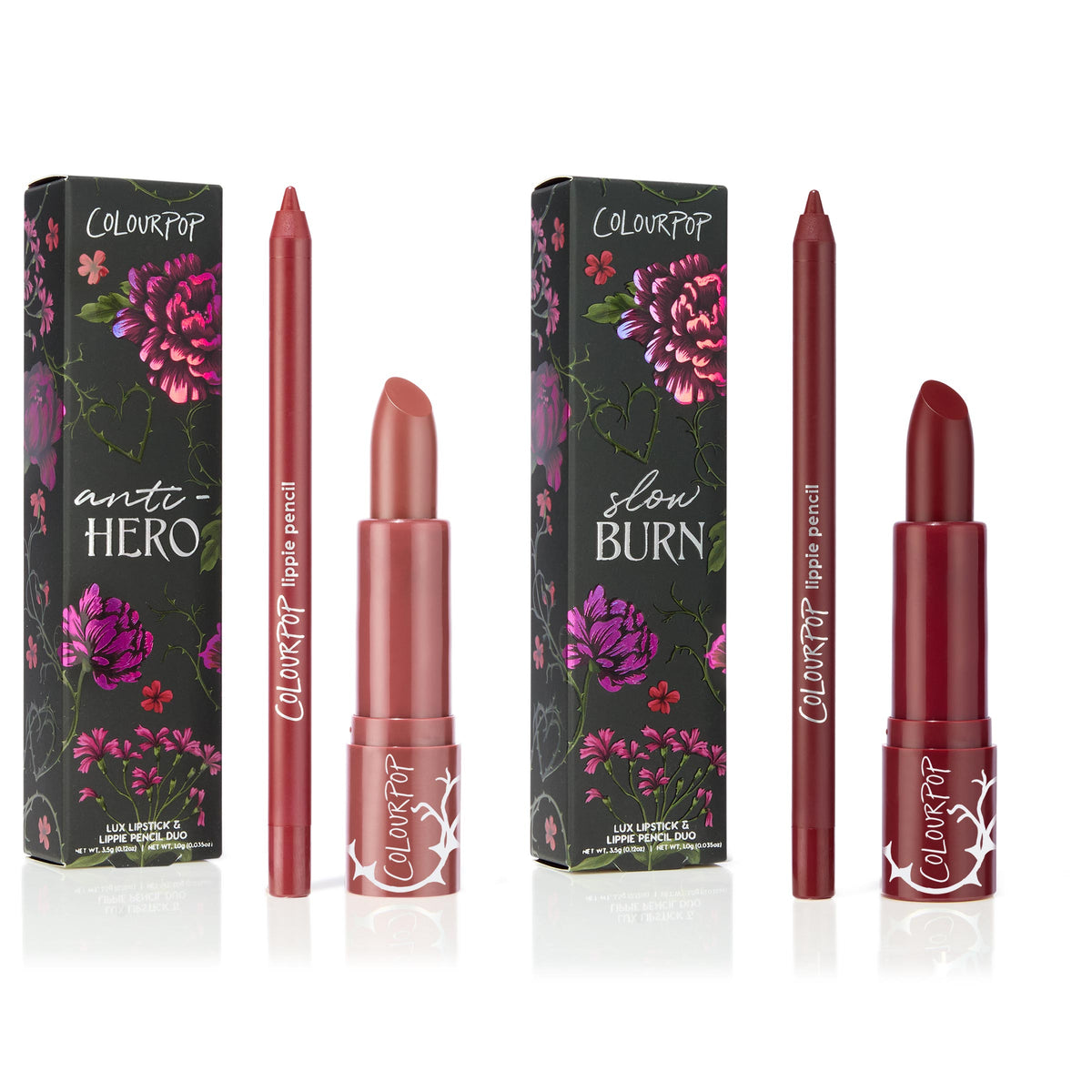 Secret Kiss ColourPop Lipstick & Lip Pencil Set arranged upright on a white background, showing two duos - Anti-Hero in rosy mauve and Slow Burn in deep wine - each with matching lippie pencil and lux lipstick beside black floral boxes.