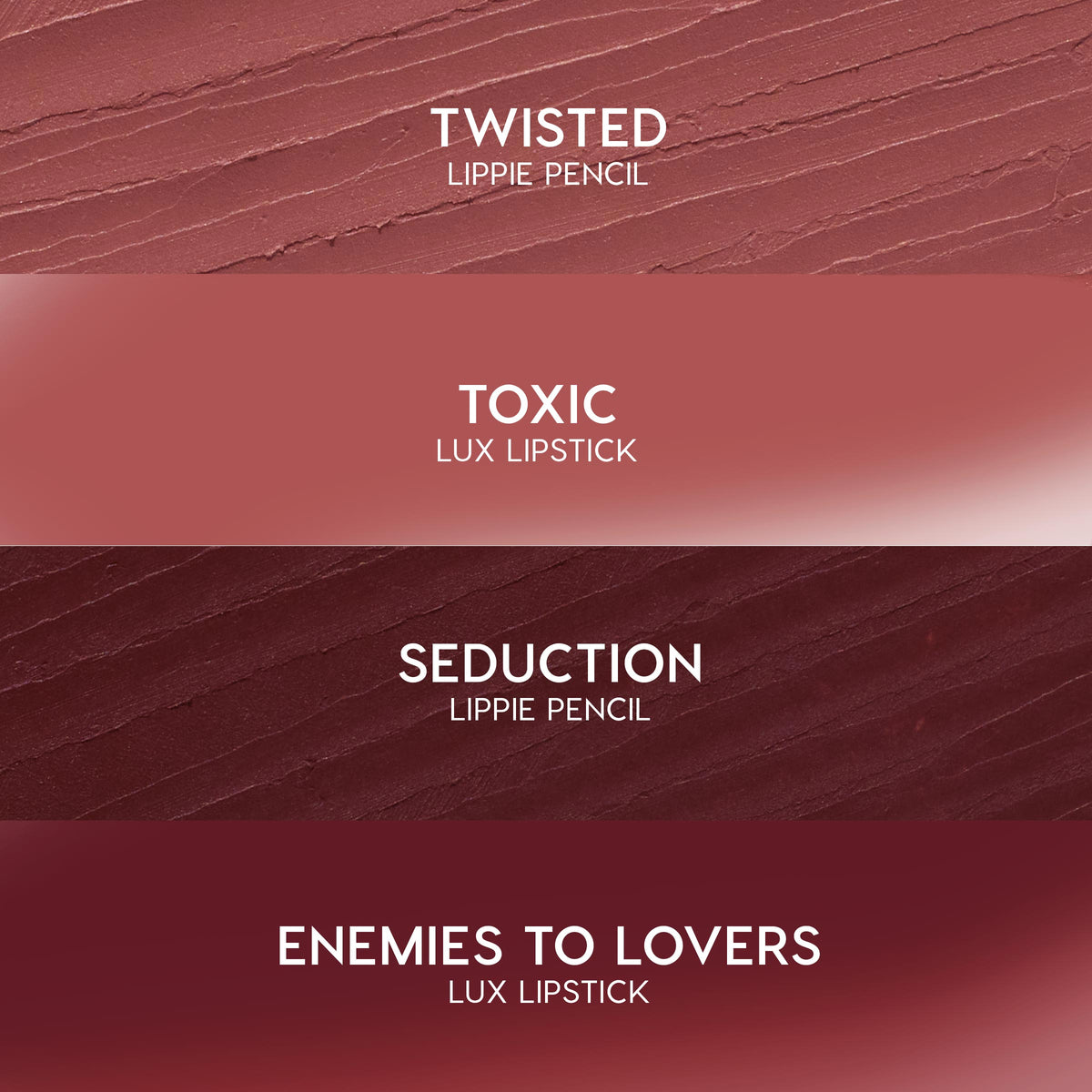 Secret Kiss ColourPop Lipstick & Lip Pencil Set swatches, four horizontal bands labeled Twisted (mauve lippie pencil), Toxic (rosy nude Lux Lipstick), Seduction (deep burgundy pencil), and Enemies to Lovers (rich wine Lux Lipstick).