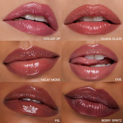 Six close-up lips wear ColourPop So Juicy Plumping Gloss Balm with Peptides, So Balm, showing high-shine plumping shades - Dolled Up, Guava Glaze, Vacay Mode, Doe, PSL, and Berry Spritz - ranging from rosy pink to deep berry in a studio grid.