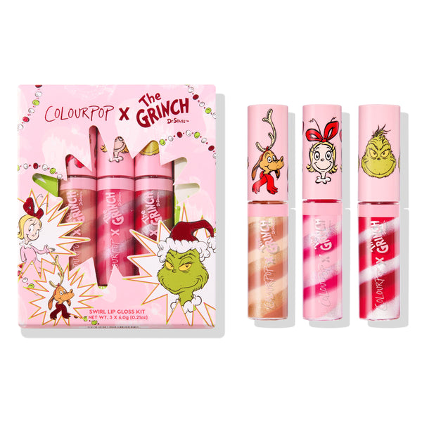 Merry Grinchmas Swirl Lip Gloss Kit by ColourPop showcasing three swirl lip glosses - nude gold, pink, and red with white - set beside a pink holiday box featuring The Grinch, Max, and Cindy-Lou Who graphics for a festive gift-ready look.