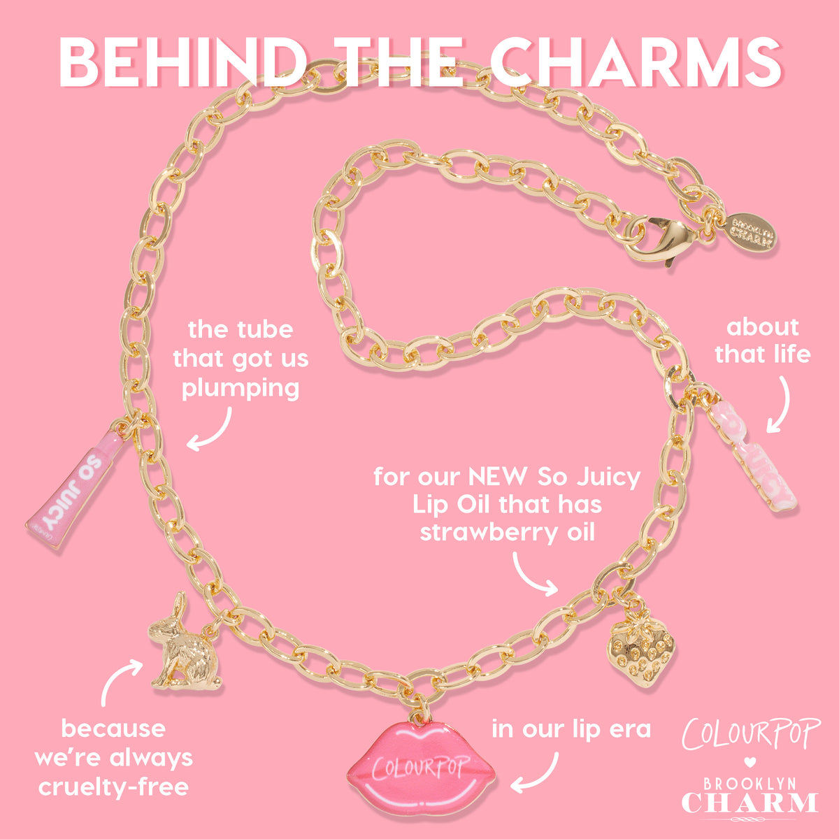 Gold chain charm necklace showcases pink enamel lips reading ColourPop, a bunny, a gold strawberry, and mini So Juicy lip oil tube charms, styled on a bubblegum-pink background for the Charmed and Juicy ColourPop So Juicy Lip Oil and Necklace Set.