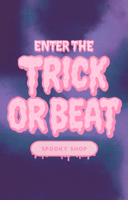 Drippy pink headline reading “Enter the Trick or Beat” invites clicks on a “Spooky Shop” button, set against a purple halftone gradient - Halloween promo graphic for ColourPop.