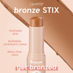 Moonstone Beach ColourPop Bronzer Stix twists up to reveal a warm bronze cream stick, shown with a wide shade swatch; a hydrating, buildable, mess-free stick bronzer in a pale blush tube for a sunkissed glow.
