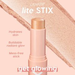 ColourPop Lite Stix Ignite highlighter standing uncapped, bullet revealing champagne-gold shimmer that offers hydrating, buildable, mess-free glow, set against a peach backdrop with a metallic swatch and “get glowing” callout.