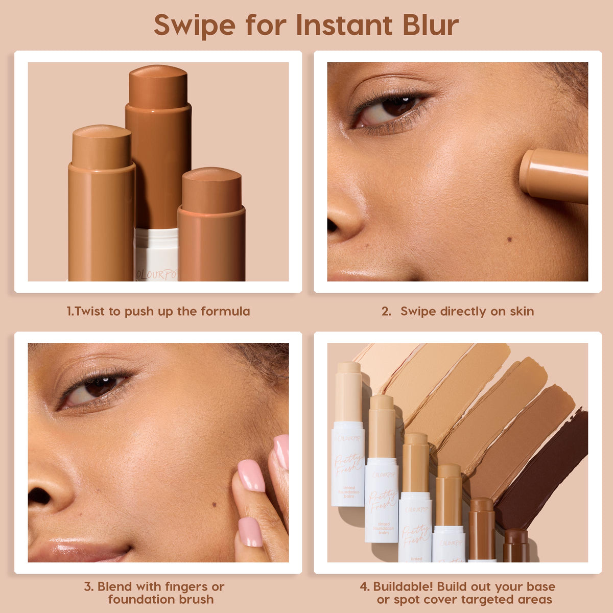 ColourPop Pretty Fresh Tinted Foundation Balm, shade Dark 20, glides from a twist-up stick onto a model’s cheek, then blends with fingers; close-ups show stick packaging and buildable swatches from light to deep for instant blur.