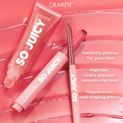 So Juicy Plumping Lip Liner with Peptides in Tease by ColourPop sits uncapped to show its rosy tip, promoting plumping peptides and peppermint tingle, on a glossy pink backdrop with a matching So Juicy gloss and callouts for juicy, smoothed lips.
