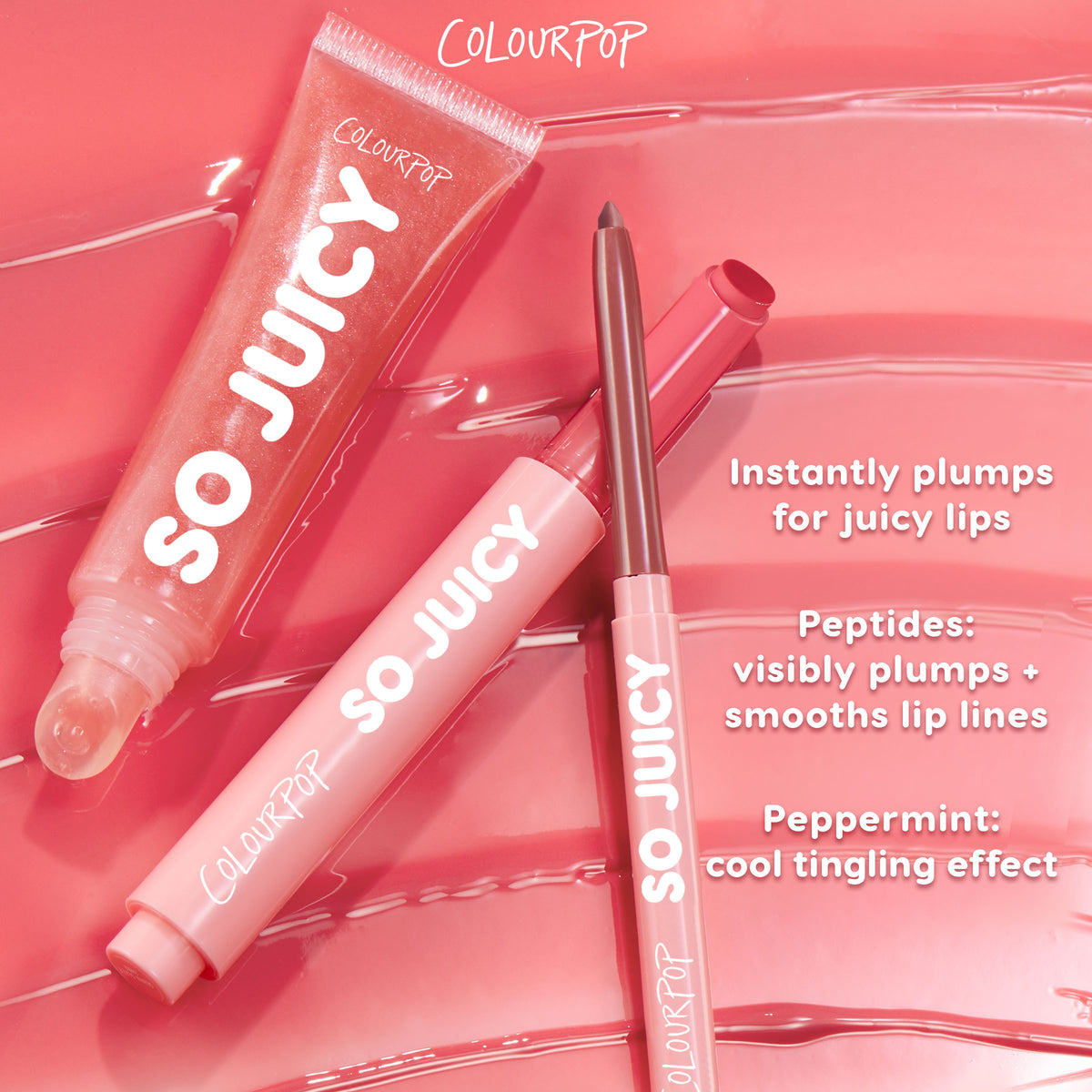 So Juicy Plumping Lip Liner with Peptides in Tease by ColourPop sits uncapped to show its rosy tip, promoting plumping peptides and peppermint tingle, on a glossy pink backdrop with a matching So Juicy gloss and callouts for juicy, smoothed lips.