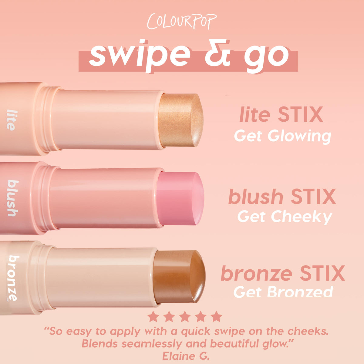 Ignite ColourPop Lite Stix highlighter - shimmery champagne-gold cream stick - shown uncapped and extended, with Blush Stix and Bronze Stix below on a peach gradient promo, highlighting a quick, blendable glow for swipe-and-go wear.
