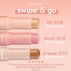 ColourPop Lite Stix in Sunlight shown uncapped and twisted up, a champagne-gold cream highlighter in a soft peach tube, ready to swipe on; displayed beside blush and bronze stix on a pink gradient background.