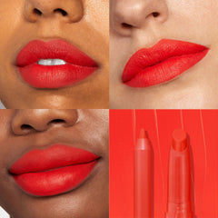 ColourPop Lippie Stix + Pencil Set, Sealed with a Kiss, delivering a vivid warm-red matte; four-panel grid shows smooth, full-coverage color on varied skin tones, plus close-up of the matching lip pencil and Lippie Stix on a red swatch background.