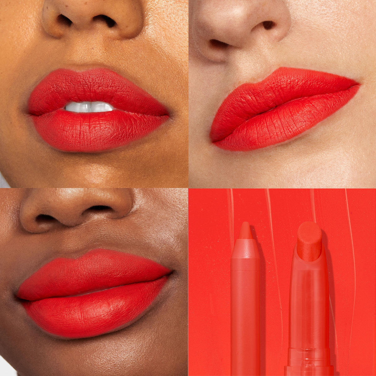 ColourPop Lippie Stix + Pencil Set, Sealed with a Kiss, delivering a vivid warm-red matte; four-panel grid shows smooth, full-coverage color on varied skin tones, plus close-up of the matching lip pencil and Lippie Stix on a red swatch background.