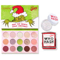 ColourPop Grinch Glam Shadow Palette + Glitter Gel shown open - 15-pan holiday eyeshadow in pinks, greens, golds, and berry tones with shimmers and mattes, paired with iridescent Who Hash glitter gel - on a white background with The Grinch artwork on the lid.