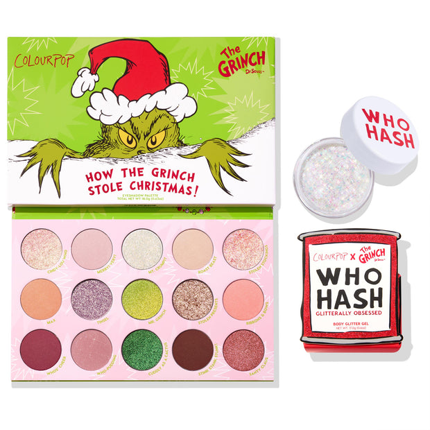 ColourPop Grinch Glam Shadow Palette + Glitter Gel shown open - 15-pan holiday eyeshadow in pinks, greens, golds, and berry tones with shimmers and mattes, paired with iridescent Who Hash glitter gel - on a white background with The Grinch artwork on the lid.