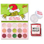 ColourPop Grinch Glam Shadow Palette + Glitter Gel shown open - 15-pan holiday eyeshadow in pinks, greens, golds, and berry tones with shimmers and mattes, paired with iridescent Who Hash glitter gel - on a white background with The Grinch artwork on the lid.