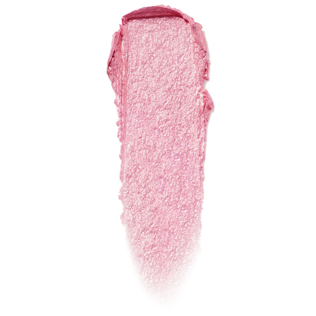 Shimmery pink swatch streak shows Close To You, a ColourPop Jelly Much Shadow, spread in a thick vertical swipe on white, highlighting its metallic sparkle, gel texture, and high‑impact long‑wear payoff.