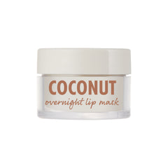 Clear jar of Coconut ColourPop Lip Mask with off-white cap, the label reading 'COCONUT overnight lip mask,' shown closed and upright, offering hydrating overnight treatment; minimal packaging isolated on a white background.