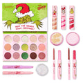 ColourPop x The Grinch full collection set displayed on white, featuring an open 15‑shade eyeshadow palette plus three lip glosses, two highlighters, two shadow sticks, glitter gel, and three lippie stix in pink holiday packaging by ColourPop.