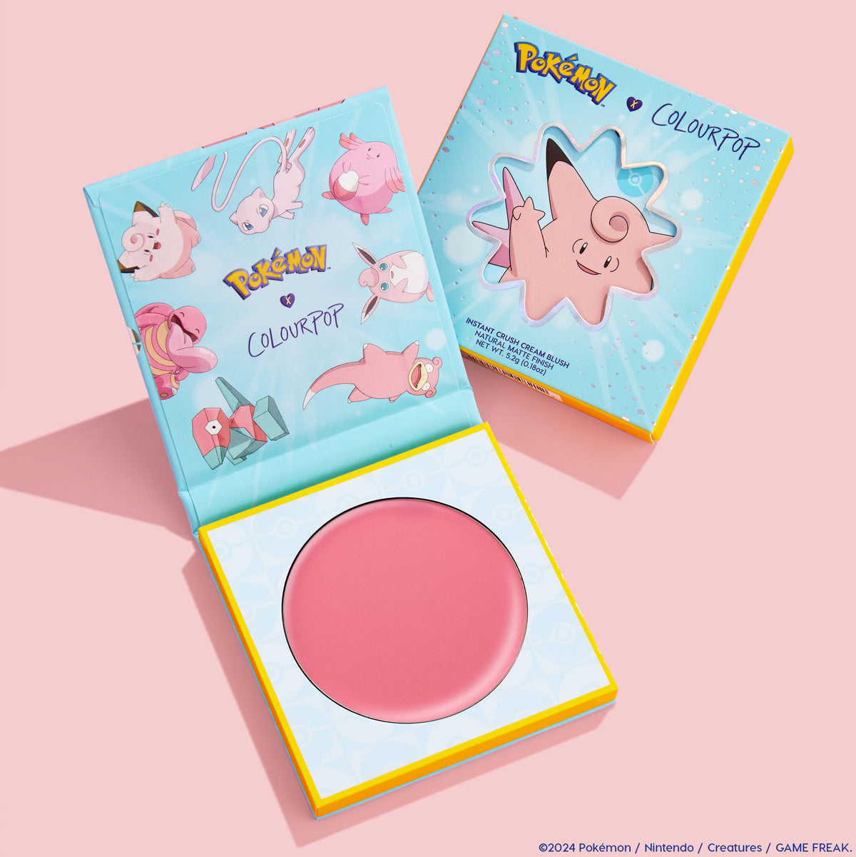 Metronome ColourPop Cream Blush compact opens to reveal a dewy rosy pink pan, shown beside its Pokémon x ColourPop packaging with a Clefairy window and character art, styled on a pastel pink background.