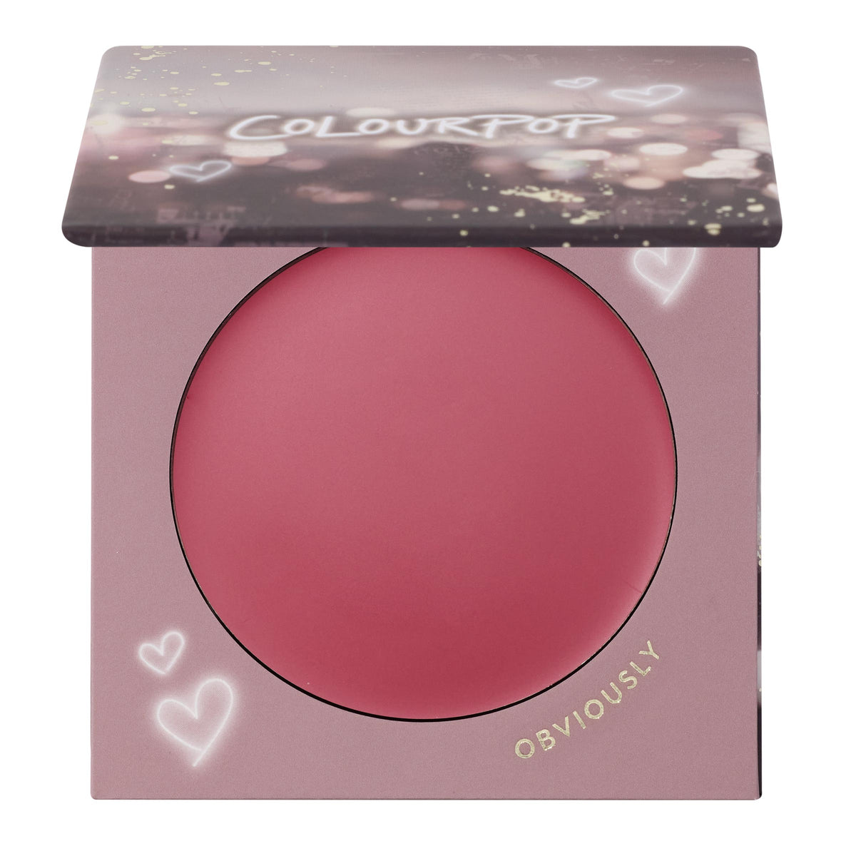 ColourPop Cream Blush in Obviously shown half-open, revealing a rosy pink round pan inside mauve square packaging with doodled hearts, gold “Obviously” lettering, and ColourPop branding on the lid.