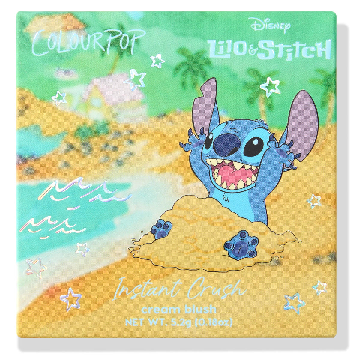 ColourPop Crowd Favorite cream blush compact featuring Stitch bursting from a sand pile, set against a tropical beach scene with star accents; Disney Lilo & Stitch collaboration packaging, 5.2 g (0.18 oz).