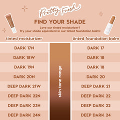ColourPop Complexion Bundle face set shade guide comparing Pretty Fresh tinted moisturizer to tinted foundation balm, mapping dark and deep dark tones, e.g., Dark 17N→Dark 17 through Deep Dark 24N→Deep Dark 24 on a peach chart.