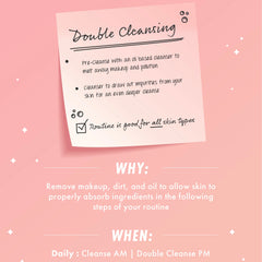 BFD Oil Cleanser kick-starting a double cleansing routine - oil pre-cleanse melts makeup and pollution before a second cleanser deep-cleans - presented on a pink sticky-note infographic with why and when tips; ColourPop face cleanser.